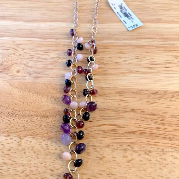 Liz Claiborne Necklace Semi Precious Stones Brushed Gold Tone 20” - Picture 2 of 8